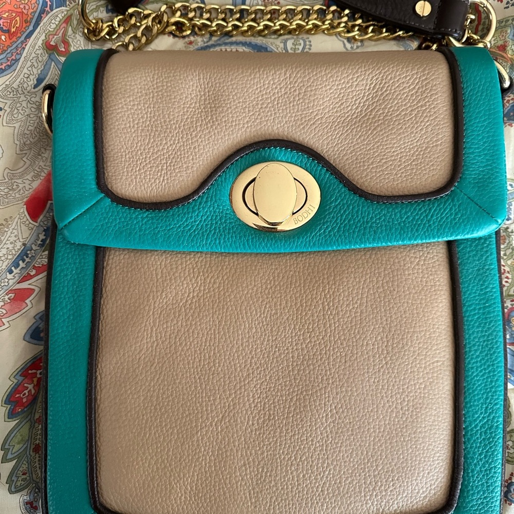 NEW Leather Bodhi Two-Tone Turquoise and Beige IPad Crossbody Bag